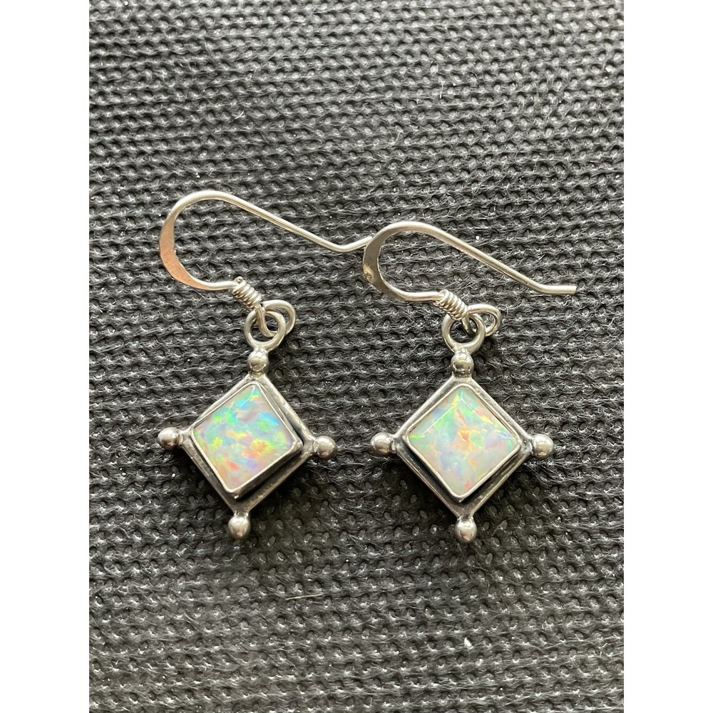 Vintage 925 sterling silver dangle earrings White Opal Gemstones Estate Jewelry